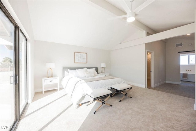 bedroom with ceiling fan, light carpet, and vaulted ceiling with beams