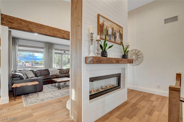 living room featuring a fireplace and light hardwood / wood-style flooring