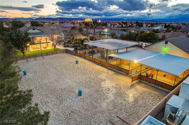 view of aerial view at dusk