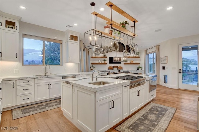 kitchen featuring white cabinets, sink, and a center island with sink