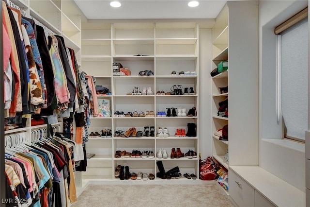 walk in closet with light carpet