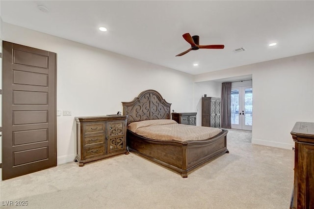 carpeted bedroom with french doors, ceiling fan, and access to exterior