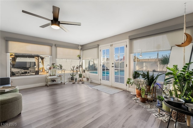 workout room with ceiling fan, hardwood / wood-style flooring, and french doors