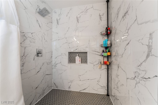 bathroom with a shower with shower curtain