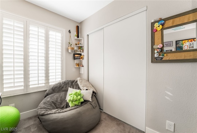 living area featuring plenty of natural light and carpet flooring