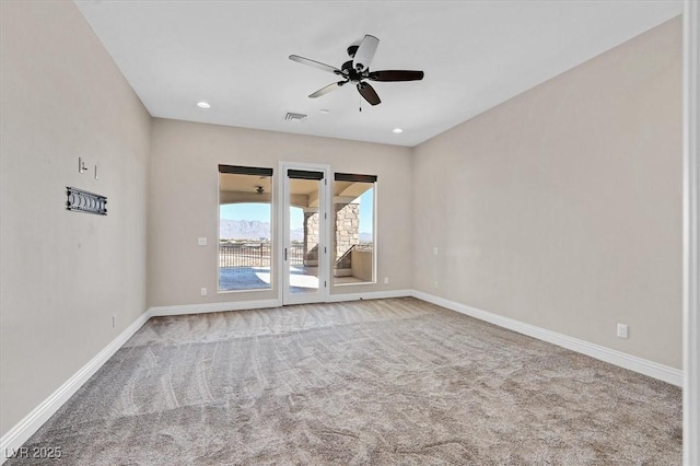 unfurnished room featuring carpet flooring, recessed lighting, baseboards, and ceiling fan