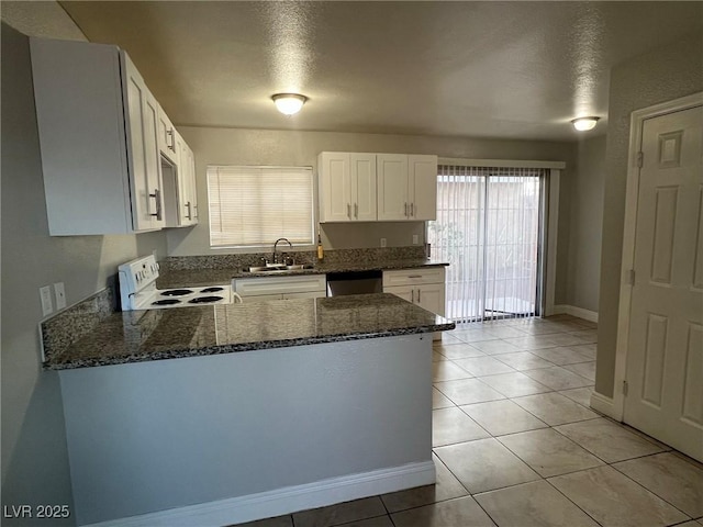 kitchen featuring kitchen peninsula, stainless steel dishwasher, white cabinetry, white electric range, and sink