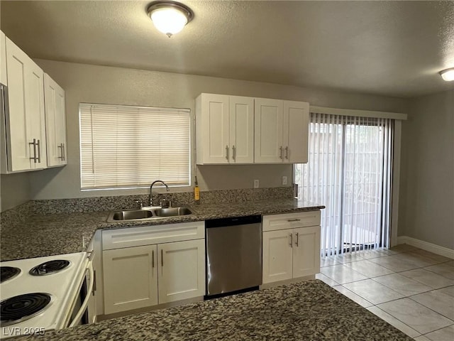 kitchen with dishwasher, white electric range oven, light tile patterned floors, white cabinetry, and sink