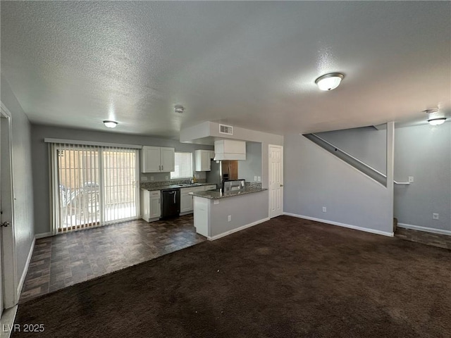 kitchen featuring white cabinets, dishwasher, kitchen peninsula, stone countertops, and dark colored carpet