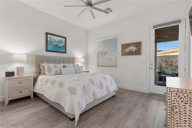 bedroom with ceiling fan, access to exterior, and light hardwood / wood-style floors