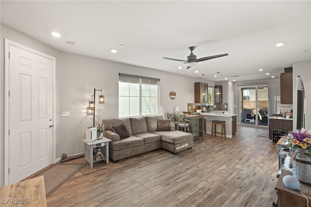 living room featuring ceiling fan, light hardwood / wood-style flooring, and plenty of natural light