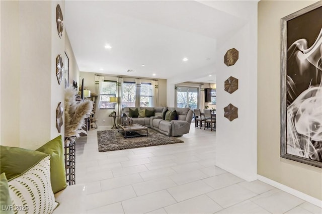 living room featuring light tile patterned floors