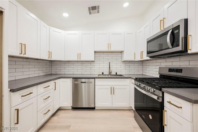 kitchen featuring appliances with stainless steel finishes, white cabinetry, decorative backsplash, and sink