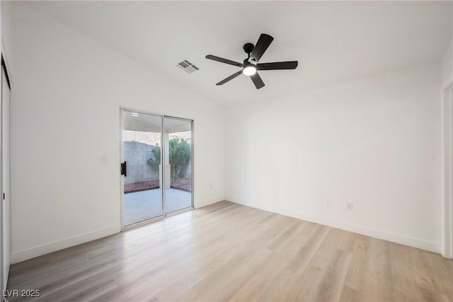 unfurnished room featuring lofted ceiling, ceiling fan, and light hardwood / wood-style flooring