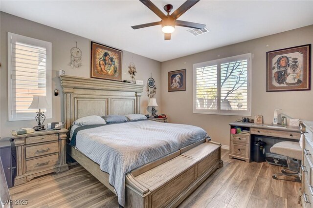 bedroom featuring ceiling fan and light hardwood / wood-style floors