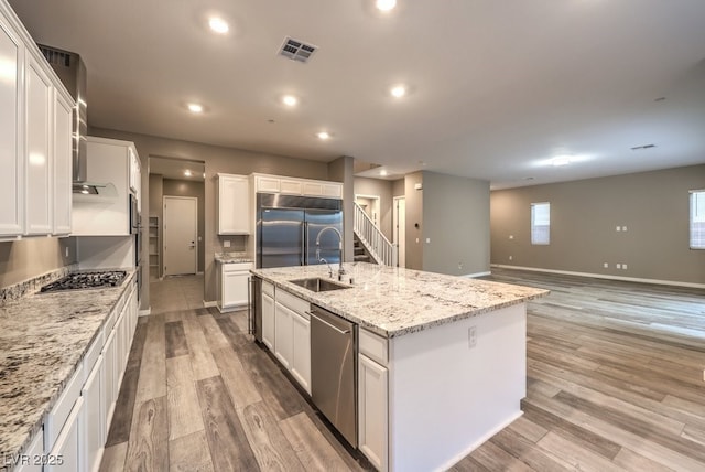 kitchen featuring white cabinets, stainless steel appliances, sink, and a center island with sink