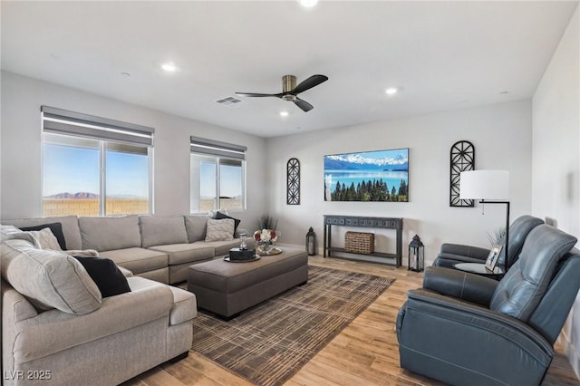 living room with ceiling fan and wood-type flooring