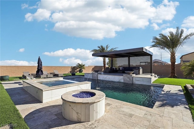 view of pool featuring a patio, an outdoor fire pit, a gazebo, and pool water feature