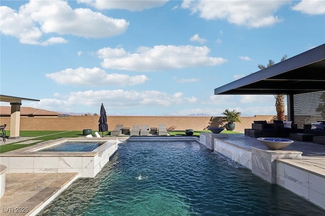 view of swimming pool featuring an in ground hot tub, a patio area, an outdoor living space, and pool water feature