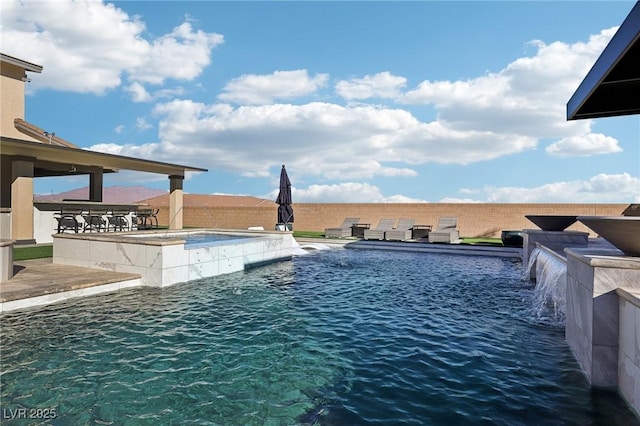 view of pool with a patio area, exterior bar, a water view, and pool water feature