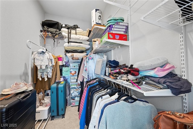 walk in closet with light carpet