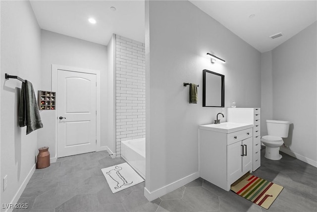 full bathroom with toilet, tub / shower combination, tile patterned floors, and vanity