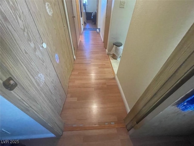 hallway with light hardwood / wood-style floors and wood walls