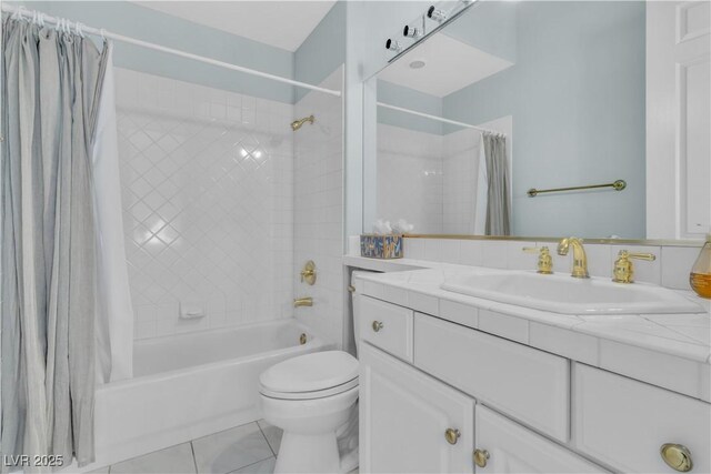 full bathroom featuring shower / bathtub combination with curtain, tile patterned flooring, vanity, and toilet