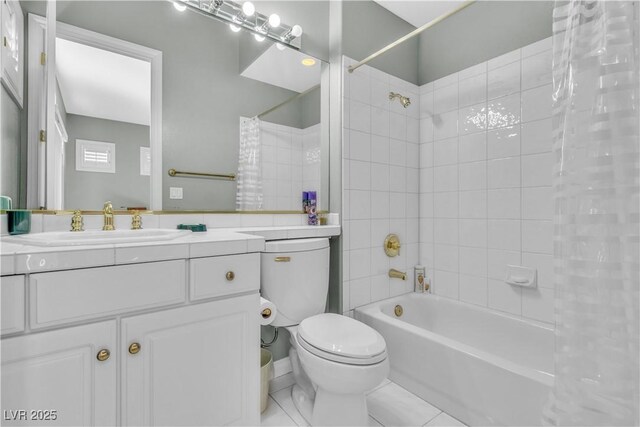 full bathroom featuring toilet, shower / tub combo, tile patterned floors, and vanity