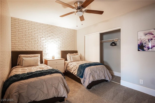 bedroom with ceiling fan, a closet, and carpet