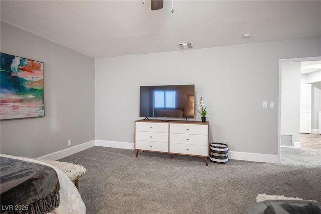 bedroom with ceiling fan and carpet flooring