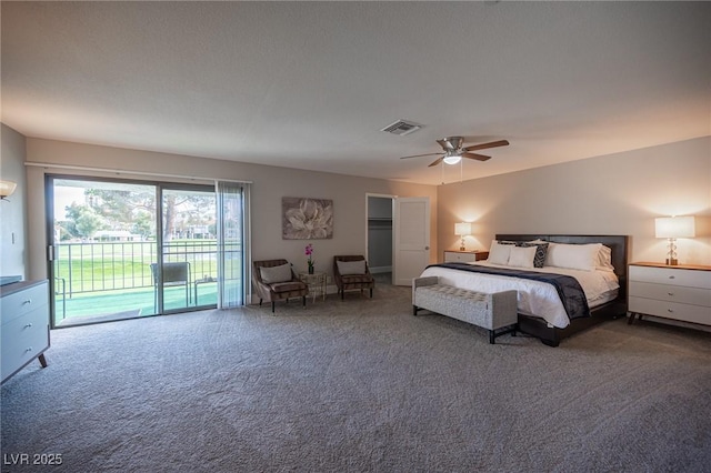 bedroom with ceiling fan, access to outside, and carpet flooring