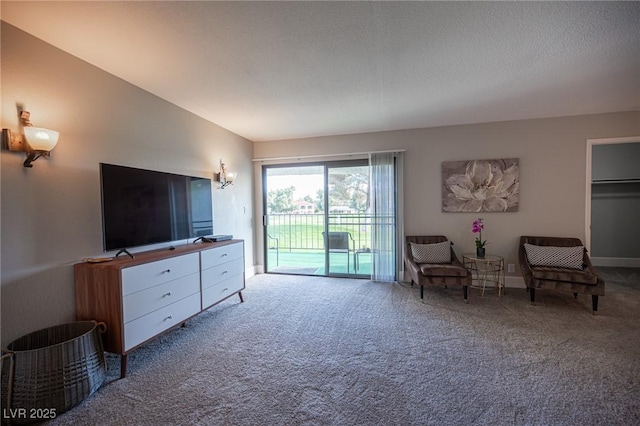 sitting room featuring lofted ceiling, carpet flooring, and a textured ceiling