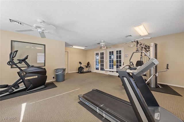 workout area featuring french doors, carpet flooring, a textured ceiling, and ceiling fan