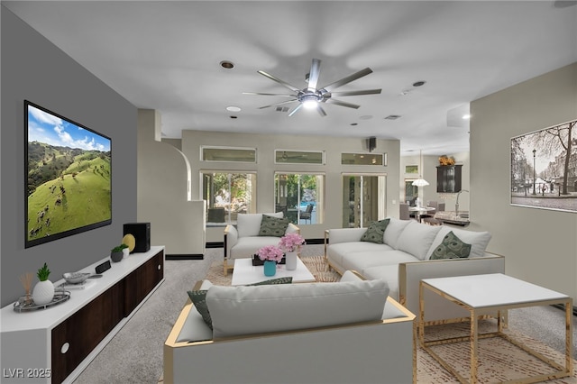 living room featuring ceiling fan and light colored carpet