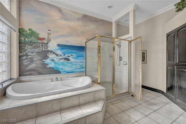 bathroom with tile patterned flooring, ornamental molding, and separate shower and tub