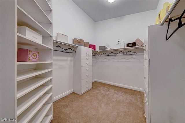 walk in closet with light carpet