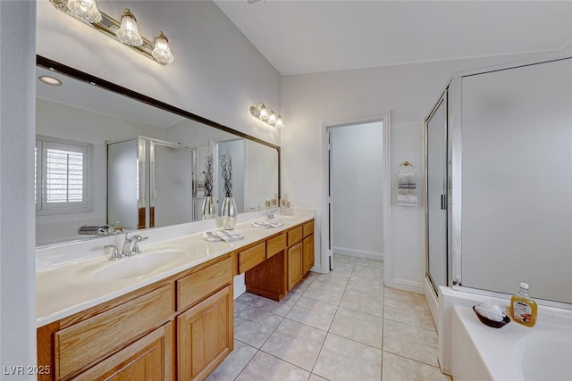 bathroom with separate shower and tub, tile patterned floors, and vanity