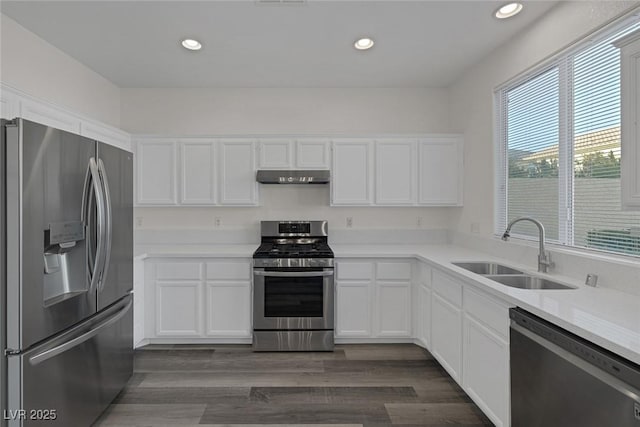 kitchen with white cabinets, dark wood-type flooring, appliances with stainless steel finishes, and sink