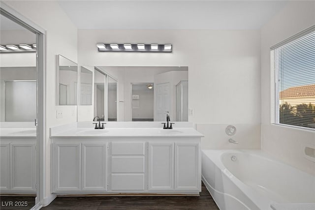 bathroom with plenty of natural light, hardwood / wood-style flooring, independent shower and bath, and vanity