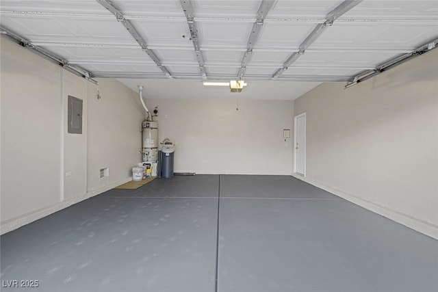 garage with electric panel, secured water heater, and a garage door opener