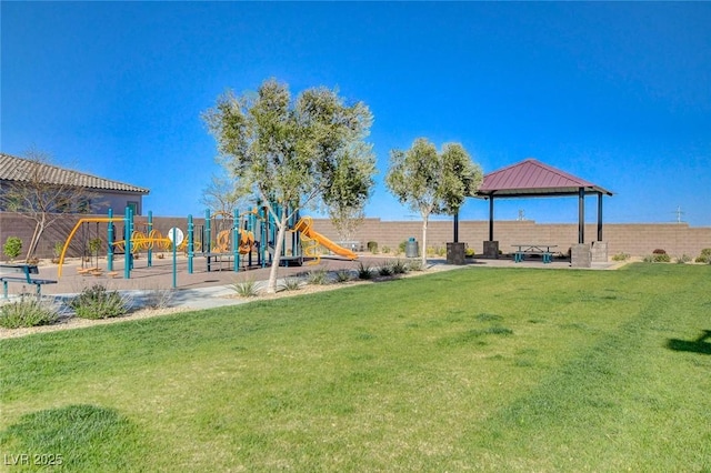 view of play area with a lawn and a gazebo