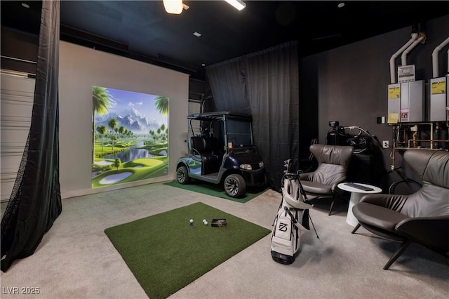 playroom featuring golf simulator and carpet floors