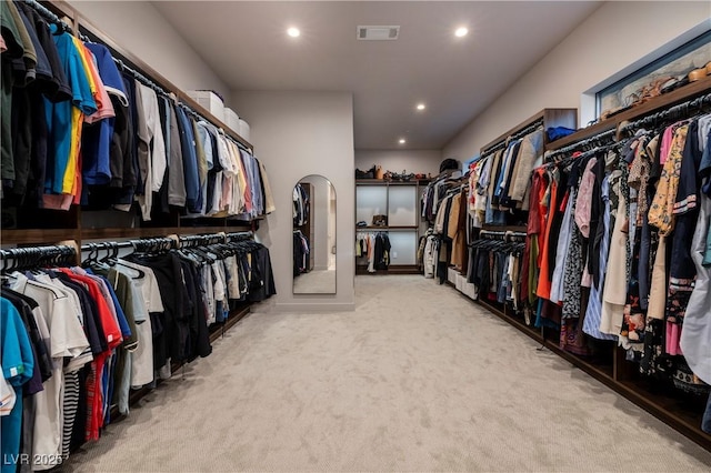 walk in closet with light colored carpet