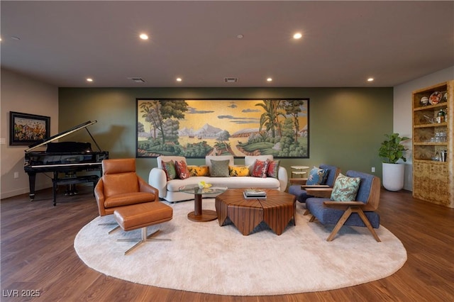 interior space featuring built in features and dark hardwood / wood-style floors