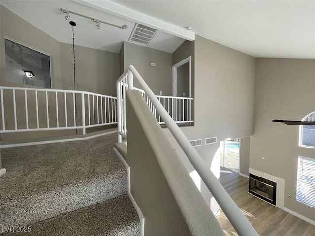 stairway with rail lighting and hardwood / wood-style floors