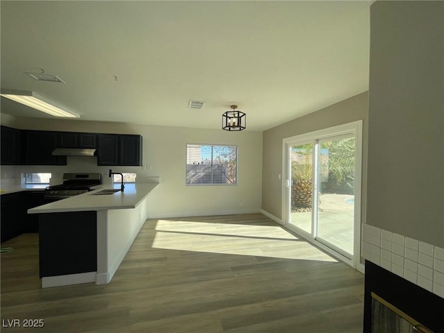 kitchen featuring kitchen peninsula, pendant lighting, stainless steel range oven, light wood-type flooring, and sink