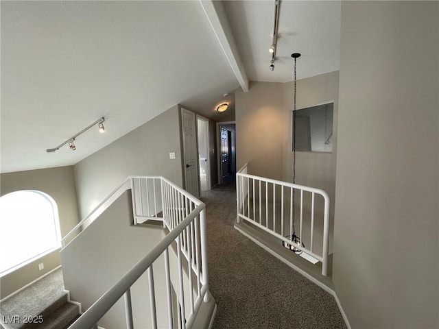 hallway featuring lofted ceiling, rail lighting, and dark colored carpet