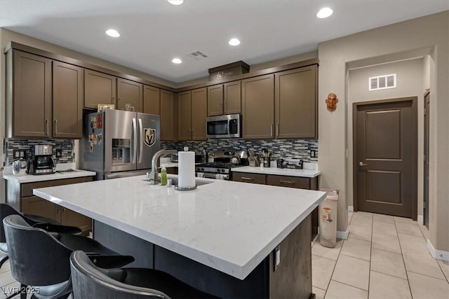 kitchen featuring appliances with stainless steel finishes, an island with sink, a sink, and visible vents