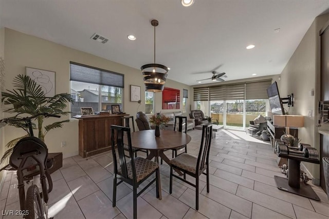 dining area with recessed lighting, visible vents, and ceiling fan